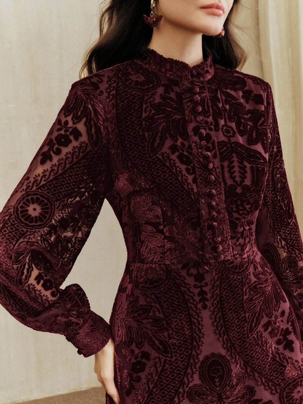 Burgundy Elegant Women's Flocked Floral Embroidered Stand Collar Dress